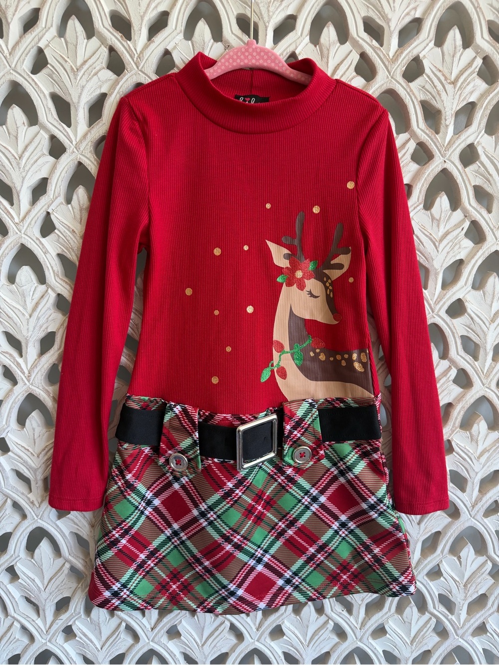 Lilt Girls Christmas Reindeer Plaid Dress Size 4/5 Red Holiday